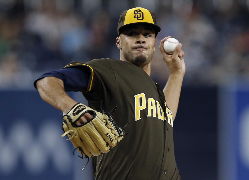 San Diego Padres starting pitcher Joey Lucchesi is missing bats despite being a soft tosser. (AP Photo/Alex Gallardo)