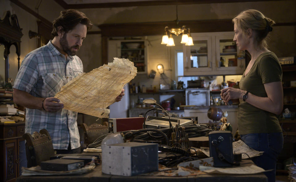 This image released by Sony Pictures shows Paul Rudd, left, and Carrie Coon in a scene from "Ghostbusters: Afterlife." (Kimberley French/Sony Pictures via AP)