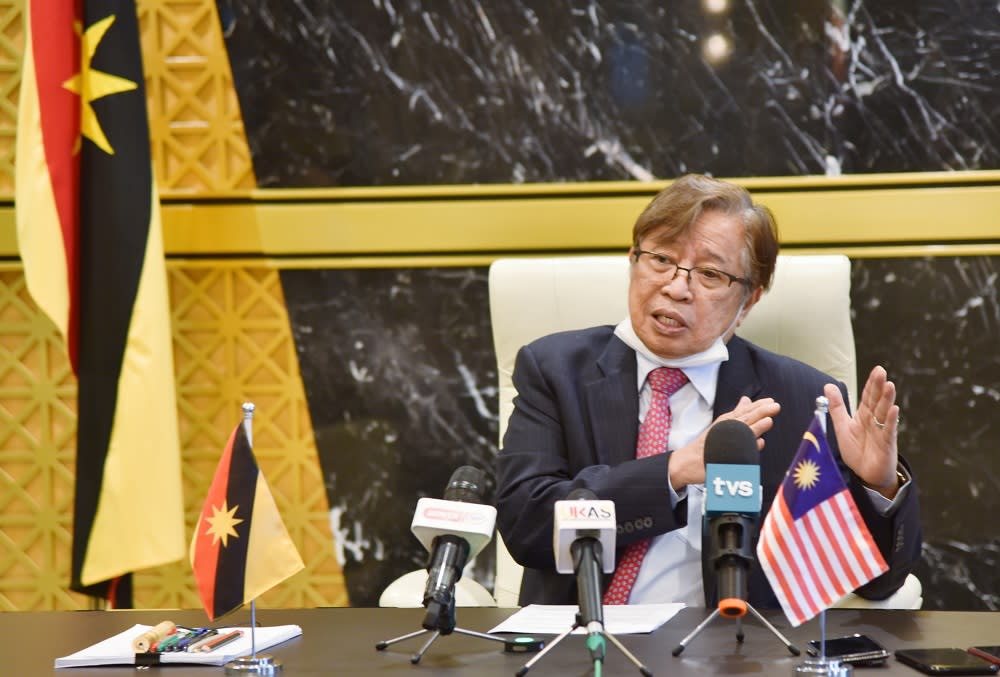 Sarawak Chief Minister Datuk Patinggi Abang Johari Openg speaks during a virtual press conference April 19, 2021. — Picture by Sarawak Information Department