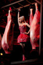 Celebrity photos: Lady Gaga caused controversy when she wore her original meat dress to the MTV VMAs in 2010, so we were surprised to see a pic of the star wearing a similar dress during her tour. As the singer rehearsed in Japan for the Born This Way tour, she posed for the photo clad in a plastic dress flanked by fake carcasses. Nice.