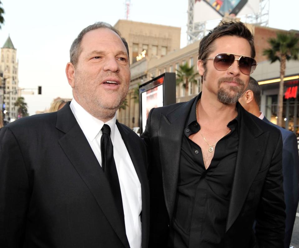 <div class="inline-image__caption"><p>Harvey Weinstein and Brad Pitt arrive at the premiere of Weinstein Co.'s <em>Inglourious Basterds</em> on August 10, 2009, in Hollywood, California.</p></div> <div class="inline-image__credit">Kevin Winter/Getty</div>