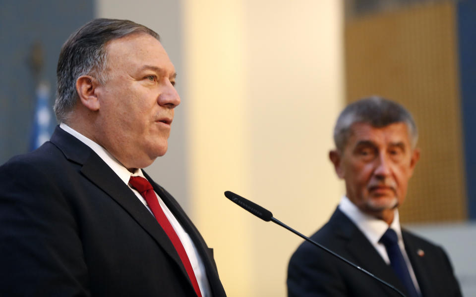 U.S. Secretary of State Mike Pompeo, left, and the Prime Minister of Czech Republic Andrej Babis, right, address the media during a press conference as part of a meeting in Prague, Czech Republic, Wednesday, Aug. 12, 2020. U.S. Secretary of State Mike Pompeo is in Czech Republic at the start of a four-nation tour of Europe. Slovenia, Austria and Poland are the other stations of the trip. (AP Photo/Petr David Josek, Pool)