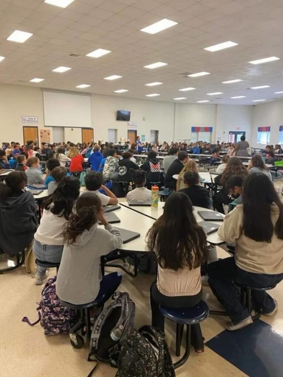 This file photo shows sixth-graders at C.C. Griffin STEM Middle School receiving instruction as a group in the cafeteria in 2023 because of higher-than-normal teacher and substitute absences. Submitted photo
