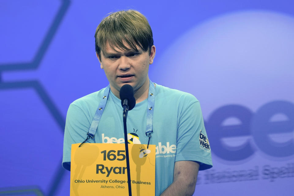 Ryan Frazee, 15, of Portsmouth, Ohio , participates in the competition during the Scripps National Spelling Bee, in Oxon Hill, Md., Tuesday, May 28, 2024. (AP Photo/Mariam Zuhaib)