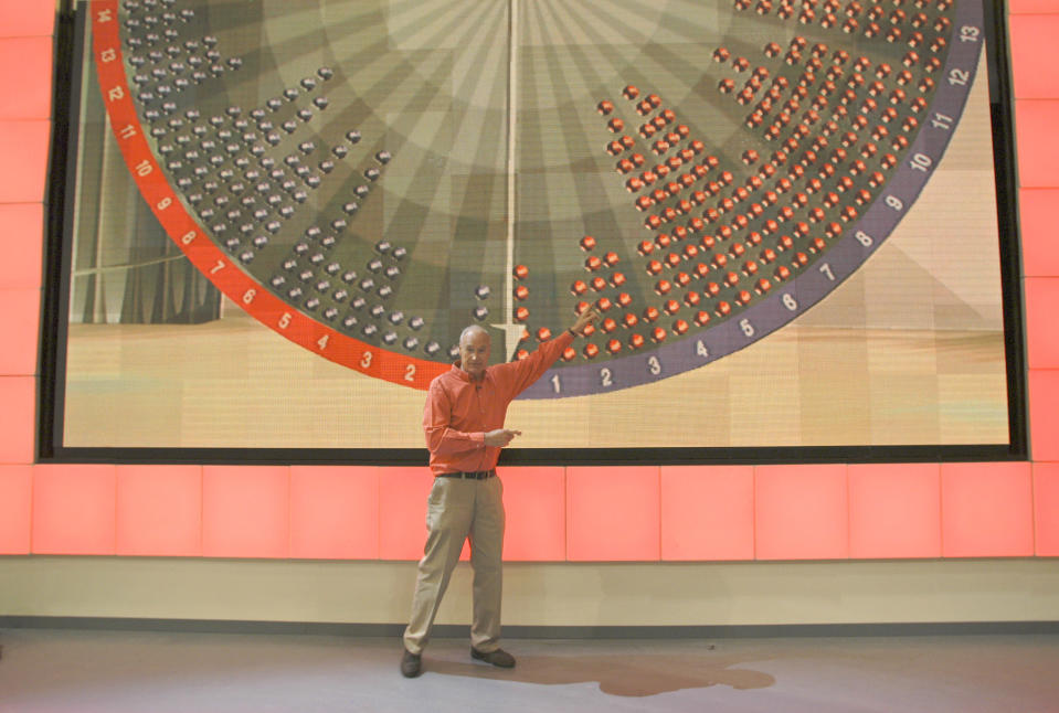 Peter Snow and his swingometer in the BBC Election 2005 studio. ImageL Jeff Overs/BBC News & Current Affairs via Getty.