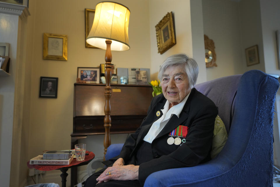 Patricia Owtram who was a serving Wren at the time of D-Day, at her home in London, Wednesday, April 10, 2024. D-Day, took place on June 6, 1944, the invasion of the beaches at Normandy in France by Alied forces during World War II. (AP Photo/Kirsty Wigglesworth)