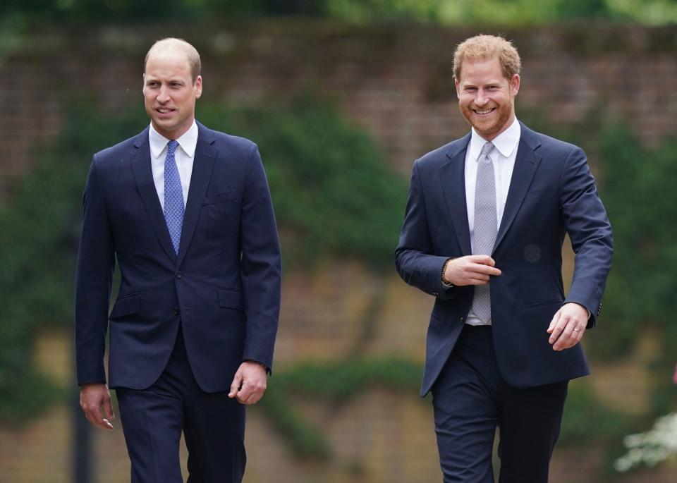 Prince William and Prince Harry arrive for the statue unveiling on what woud have been Princess Diana's 60th birthday, in the Sunken Garden at Kensington Palace, London, Thursday July 1, 2021.