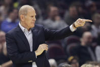 Cleveland Cavaliers coach John Beilein gives instructions to players during the first half of the team's NBA basketball game against the Toronto Raptors, Thursday, Jan. 30, 2020, in Cleveland. (AP Photo/Tony Dejak)