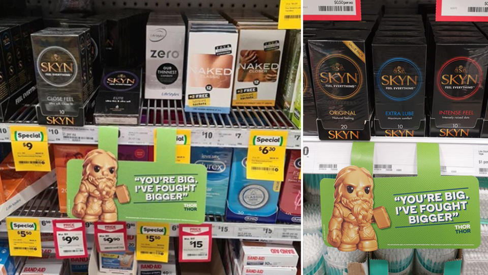 Woolworths Thor Ooshie quote infront of condoms.