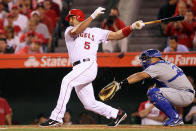 ANAHEIM, CA - APRIL 06: Albert Pujols #5 of the Los Angeles Angels of Anaheim at bat in the first inning against the Kansas City Royals on Opening Day of the 2012 MLB season at Angel Stadium of Anaheim on April 6, 2012 in Anaheim, California. Pujols is scheduled to bat third in his debut as a member of the Angels after signing a free agent contract in the off-season. (Photo by Jeff Gross/Getty Images)