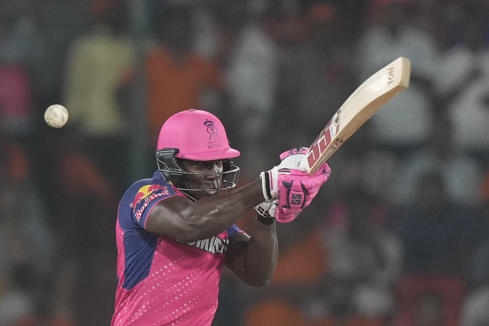 Rajasthan Royals' Rovman Powell plays a shot during the Indian Premier League cricket match between Sunrisers Hyderabad and Rajasthan Royals in Hyderabad, India, Thursday, May 2, 2024. (AP Photo/Mahesh Kumar A.)