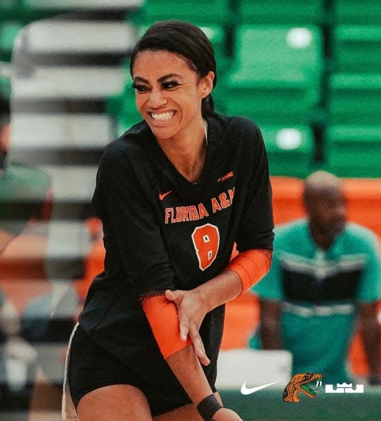 Florida A&M University setter Nina Sharpton (8) rejoices during a game at Al Lawson Multipurpose Center