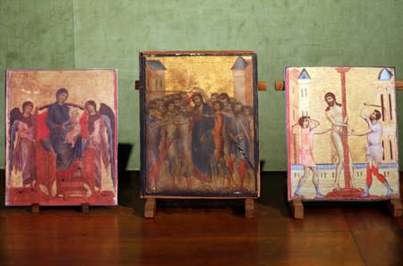 The painting "Christ Mocked", a long-lost masterpiece by Florentine Renaissance artist Cimabue, is displayed in Paris