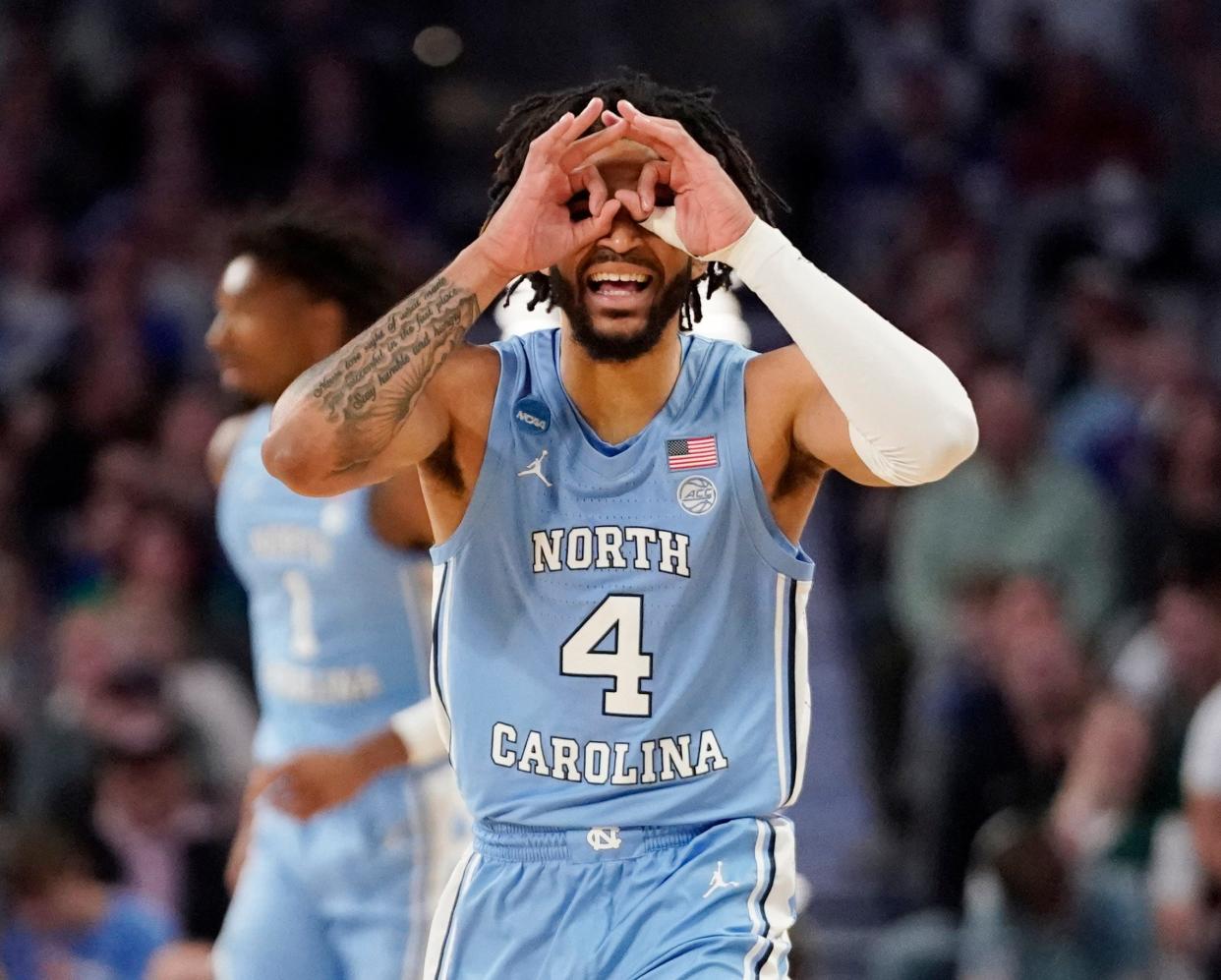 North Carolina Tar Heels guard R.J. Davis (4) celebrates a basket against the Baylor Bears during the second round of the 2022 NCAA Tournament at Dickies Arena.