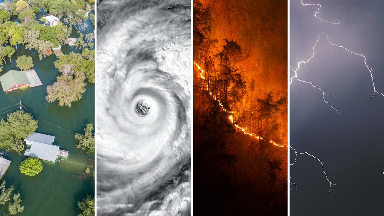  4 panel image showing from left to right, flooding, hurricane, wildfires and lightning. 