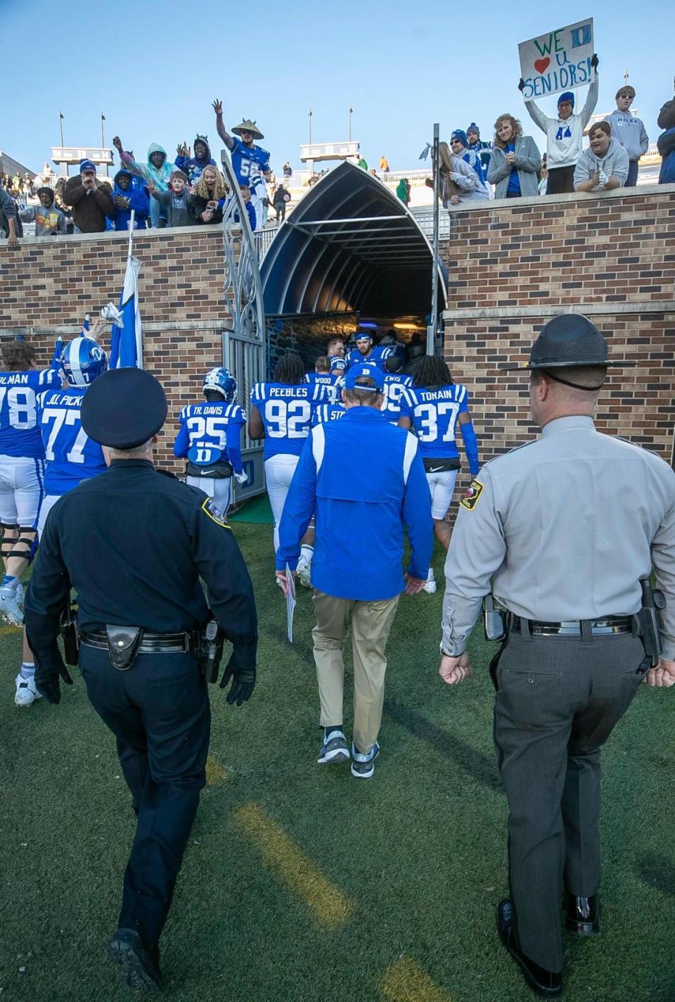 Duke coach David Cutcliffe leaves the field following the Blue Devils’ 47-10 loss to Miami on Saturday, November 27, 2021 at Wallace Wade Stadium in Durham, N.C.