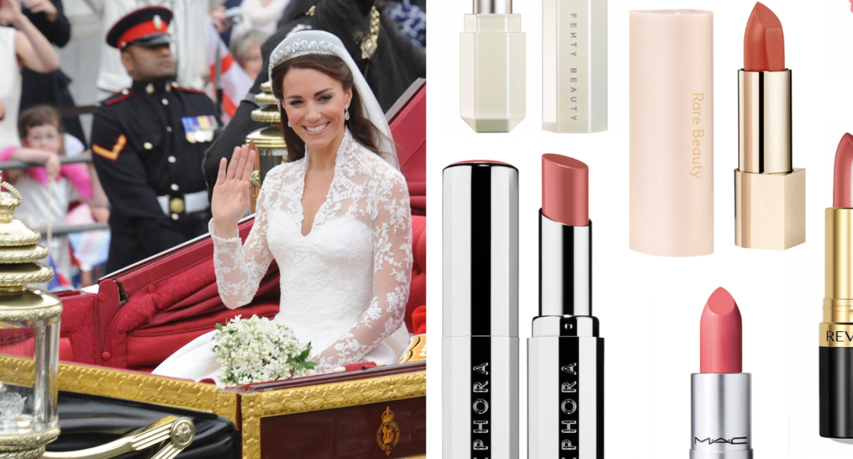Kate middleton princess of wales on her wedding day: Kate waves to the crowd from a carriage with pink lipstick shades beside