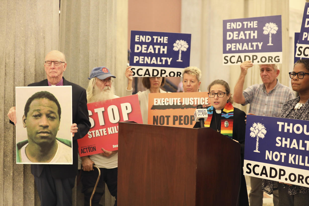 South Carolinians for Alternatives to the Death Penalty Executive Director Rev. Hillary Taylor speaks at a news conference before delivering petitions to stop the execution of Freddie Owens at the South Carolina Statehouse in Columbia, S.C., Thursday, Sept. 19, 2024. (AP Photo/Jeffrey Collins)