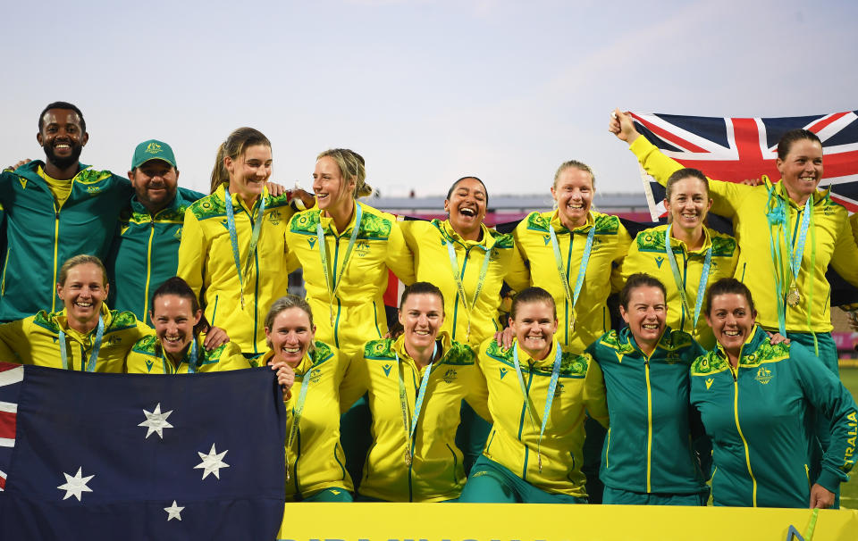 Aussie players, pictured here celebrating after winning gold at the Commonwealth Games.