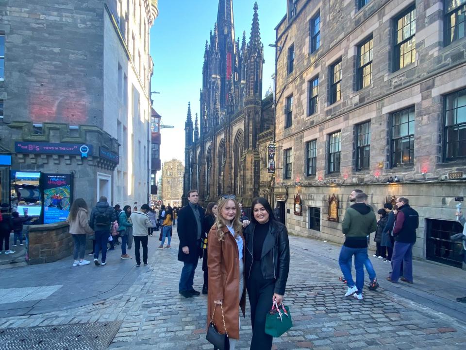 Writer Priya Raj and friend in Edinburghs old town.