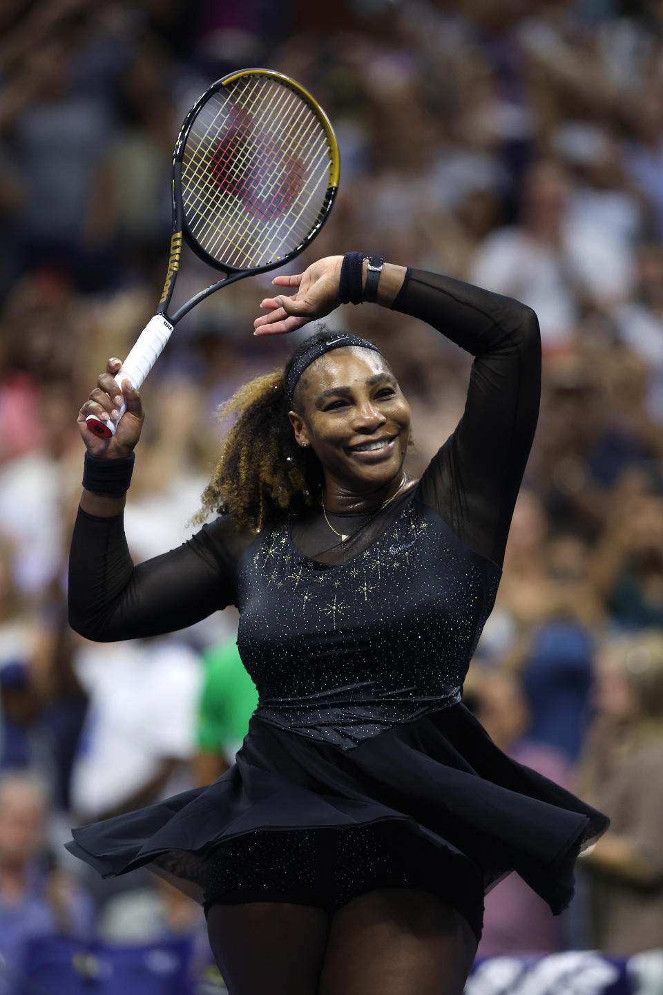 Serena Williams (pictured) does a twirl to celebrate her second round US Open win.