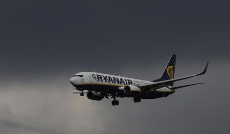 A Ryanair plane prepares to land at Manchester Airport in Manchester northern England, March 31, 2016. REUTERS/Phil Noble