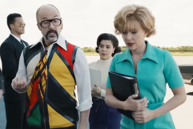 <p>Sony Pictures Entertainment/Youtube</p> Jim Rash and Scarlett Johansson in 'Fly Me to the Moon'