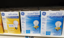 FILE - GE lightbulbs are displayed in a supermarket April 5, 2021 in New York. The federal government is scrapping old-fashioned incandescent bulbs under rules that take effect next year requiring manufacturers to sell energy-efficient bulbs that last 25 to 50 times longer. Federal regulation touches every aspect of American life, from the contents at the breakfast table to the lamp you switch off at night. (AP Photo/Mark Lennihan, File)