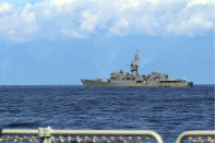 In this photo released by China's Xinhua News Agency, Taiwanese naval frigate Lan Yang is seen from the deck of a Chinese military ship during military exercises on Friday, Aug. 5, 2022. China is holding drills in waters around Taiwan in response to a recent visit by U.S. House Speaker Nancy Pelosi. (Lin Jian/Xinhua via AP)