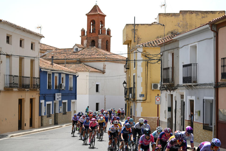 LA RODA SPAIN  MAY 03 A general view of the peloton passing through Pozohondo Village during the 9th La Vuelta Femenina 2023 Stage 3 a 1578km stage from Elche de la Sierra to La Roda  UCIWWT  on May 03 2023 in La Roda Spain Photo by Dario BelingheriGetty Images