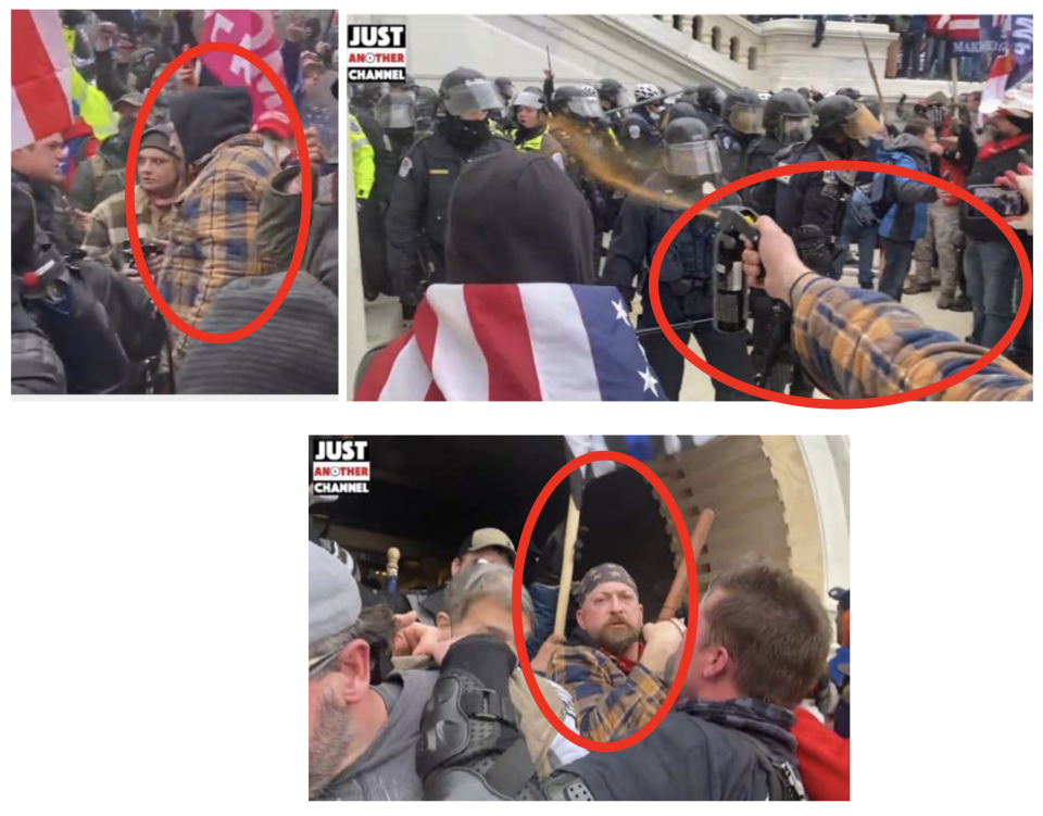 Prosecutors allege this screenshot from a news report shows Schwartz discharging pepper spray at police officers during riots at the U.S. Capitol, Jan. 6, 2021.