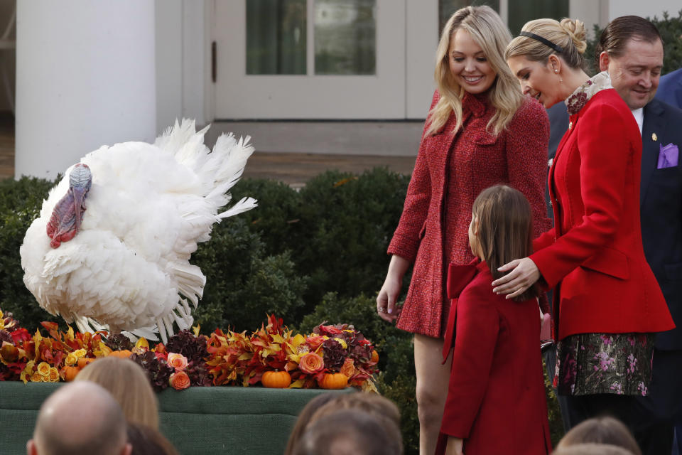 <p>Tiffany Trump, Ivanka Trump, right, and her daughter Arabella Kushne look at Drumstick after President Donald Trump pardoned the turkey in an annual presidential tradition, Tuesday, Nov. 21, 2017, in the Rose Garden of the White House in Washington. (Photo: Jacquelyn Martin/AP) </p>