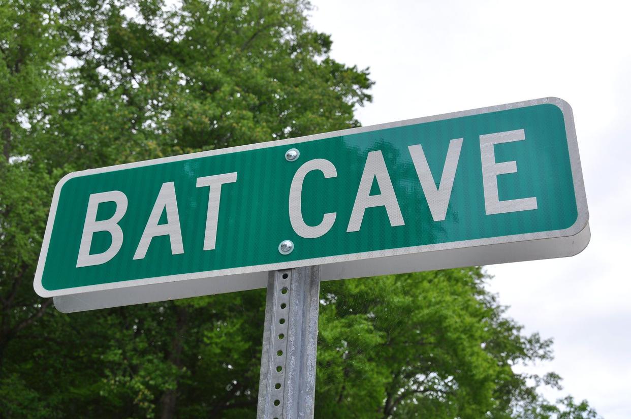 Sign establishing the area as Bat Cave, North Carolina. Located at the Bat Cave Post Office, along Lake Lure Highway.