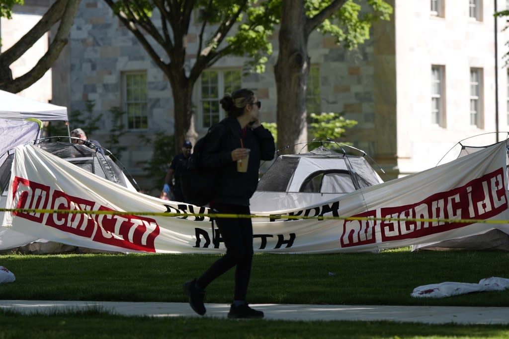 A student walks to class on the campus of Emory University after a pro-Palestinian demonstration