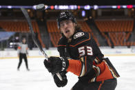 Anaheim Ducks left wing Max Comtois reaches for the puck in the air in the second period of an NHL hockey game against the Colorado Avalanche in Anaheim, Calif., Sunday, April 11, 2021. (AP Photo/Kyusung Gong)