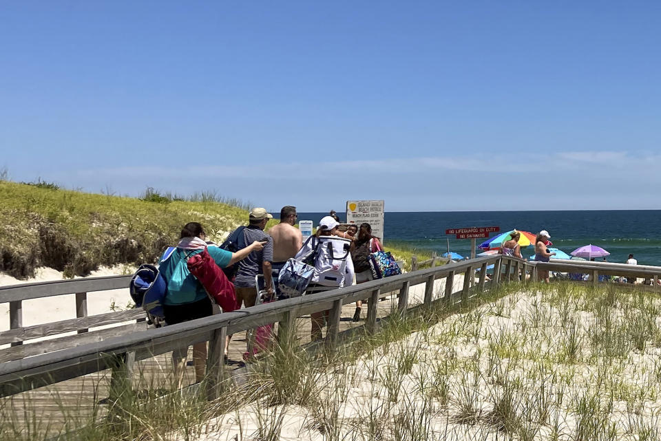 People make their way to the shoreline, Thursday, June 17, 2021 at Island Beach State Park in Ocean Gate, N.J. As New Jersey prepares for July 4 fireworks displays, the state's parks have already seen an explosion in popularity, with more than 100,000 people signing up for annual park passes as part of New Jersey's COVID-19 vaccine incentive. (AP Photo/Mike Catalini)