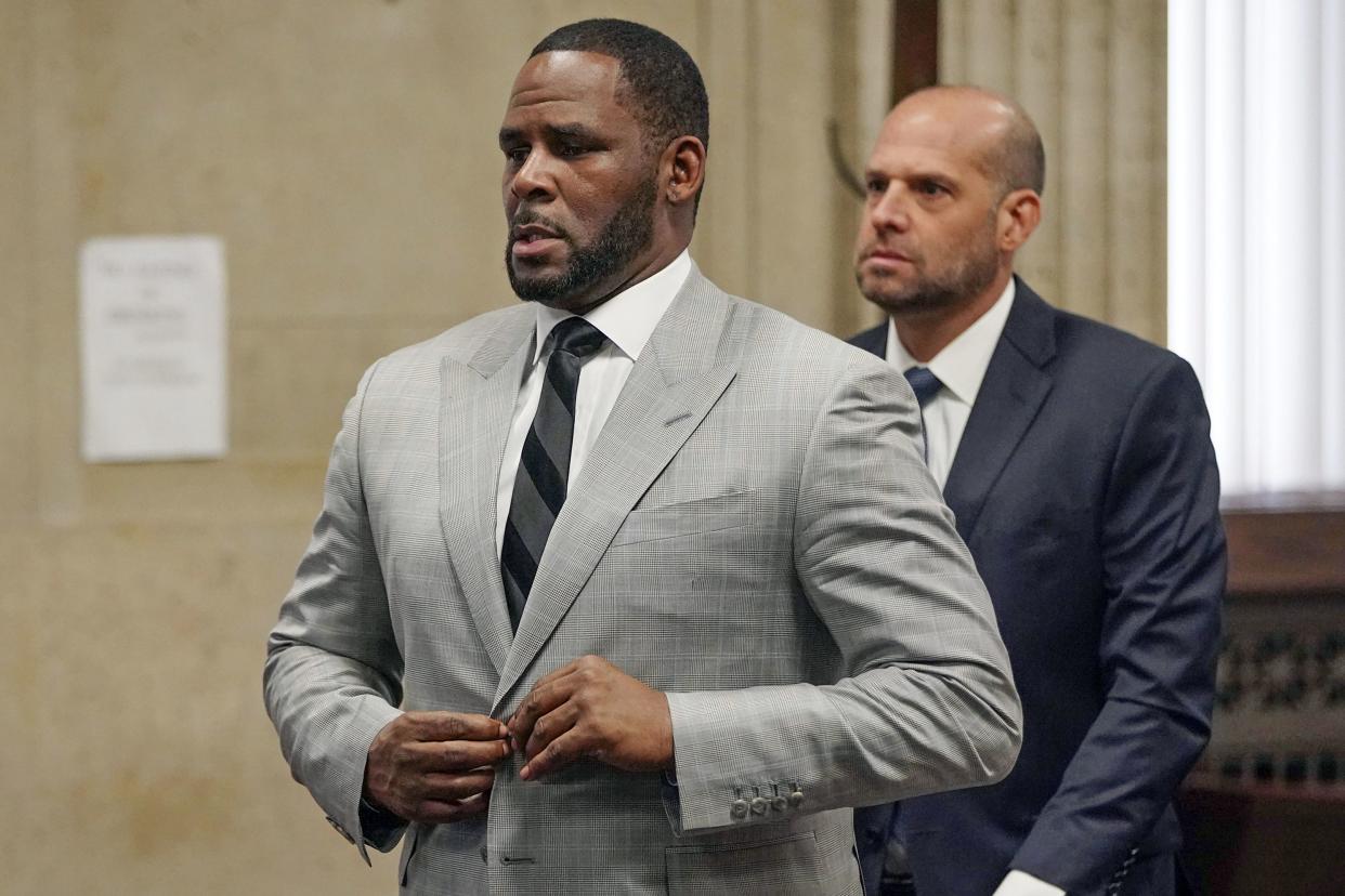  In this June 6, 2019, file photo, singer R. Kelly pleaded not guilty to 11 additional sex-related felonies during a court hearing before Judge Lawrence Flood at Leighton Criminal Court Building in Chicago. 