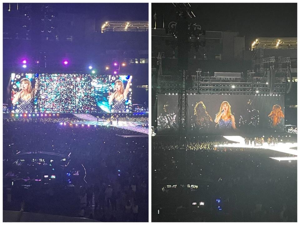 A split image of Taylor Swift performing during her Eras Tour.