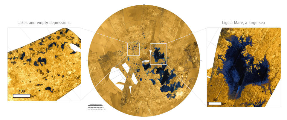 Radar images of Titans lakes and seas seen through its thick orange smog