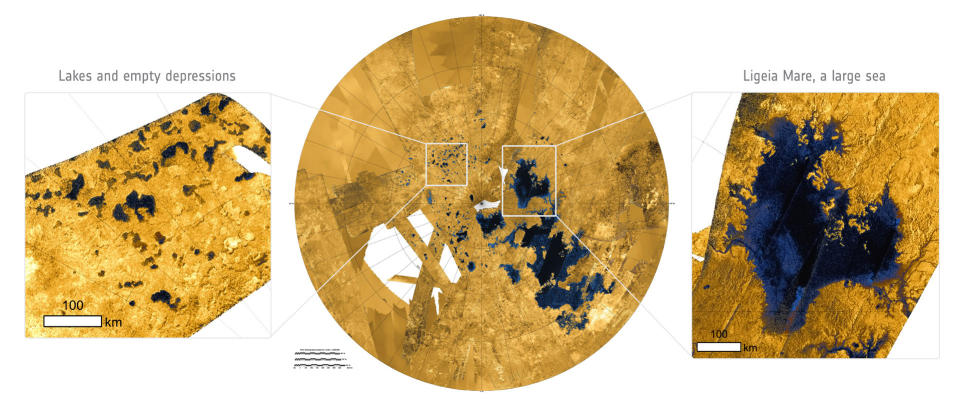 Radar images of Titans lakes and seas visible through their thick orange haze