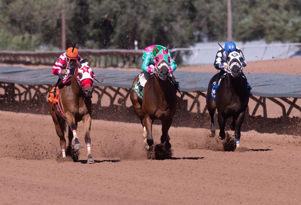 At far left, KJ Desperado wins the 440 yard All American Gold Cup at Ruidoso Downs Race Track and Casino on Sept. 4, 2023. The winning jockey Adrian A. Ramos rides the horse.