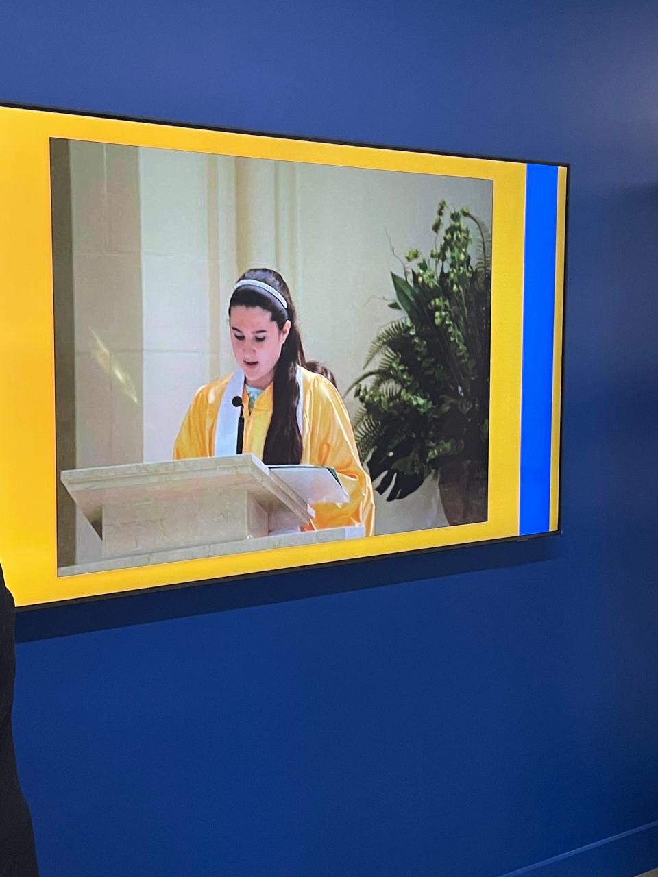 A photo Grace Rett inside the athletic complex and education center named in her honor on the campus Our Lady of the Valley Regional School on Mendon Street in Uxbridge.