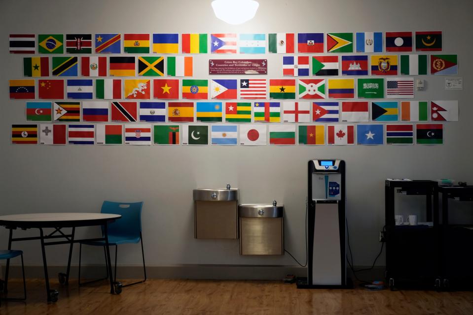 Cristo Rey Columbus High School celebrates its diversity with a collection of flags from the dozens of countries that the students come from, ranging the globe from Central America to Africa and Asia.