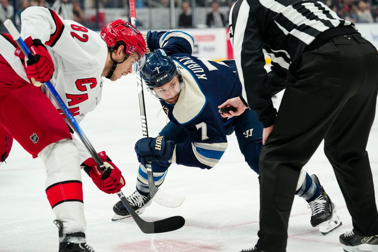 Apr 16, 2024; Columbus, Ohio, USA; Columbus Blue Jackets center Sean Kuraly (7) takes a face off against Carolina Hurricanes center Jesperi Kotkaniemi (82) during the first period of the NHL hockey game at Nationwide Arena.
