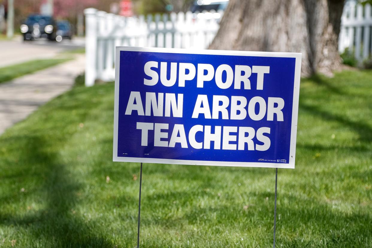 A Support Ann Arbor Teachers yard sign in the neighborhood near Tappan Middle School in Ann Arbor on Monday, April 22, 2024.