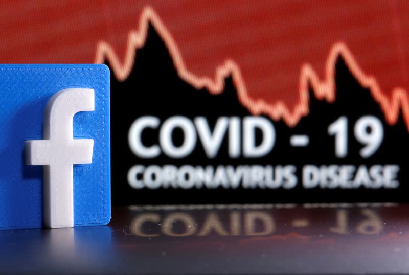 FILE PHOTO: A 3D-printed Facebook logo is seen in front of displayed coronavirus disease (COVID-19) words in this illustration