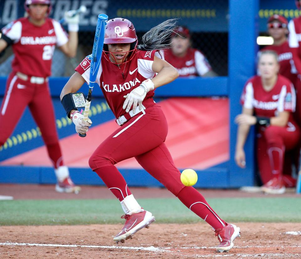 OU's Rylie Boone (0) hits a bunt in the third inning against Florida State in Game 2 of the WCWS championship series on June 8, 2023, at USA Softball Hall of Fame Stadium.