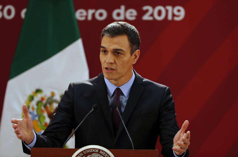 Spain’s Prime Minister Pedro Sanchez speaks during a joint news conference with Mexican President Andres Manuel Lopez Obrador at the National Palace in Mexico City, Wednesday, Jan. 30, 2019. Sanchez is on an official visit to Mexico. (AP Photo/Marco Ugarte)