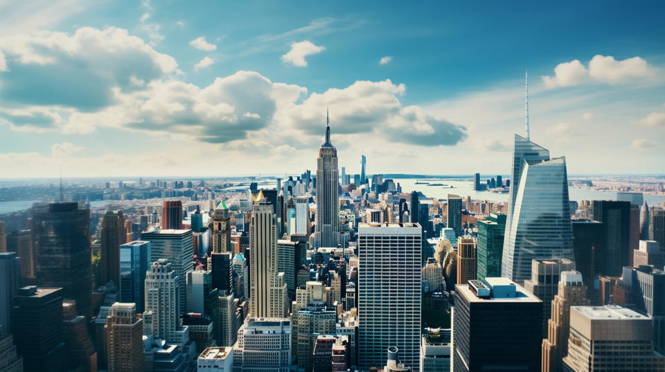 An aerial view of a metropolitan skyline with the offices of the insurance company in the center.