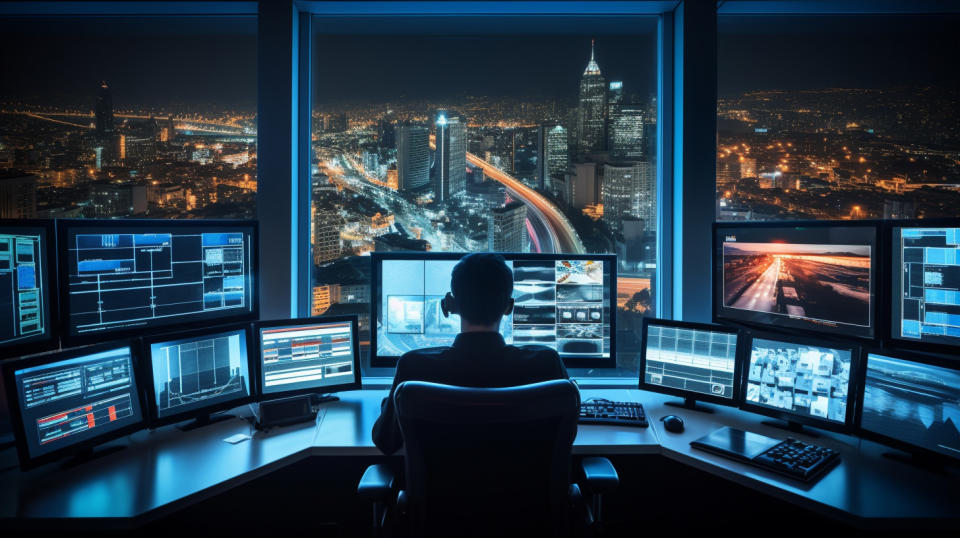 A control room filled with monitors providing situational awareness of the traffic situation.